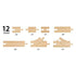 BRIO Starter Track Pack layout showing 12 wooden track pieces including straights, curves, and junctions, each labeled with quantity for easy building reference.