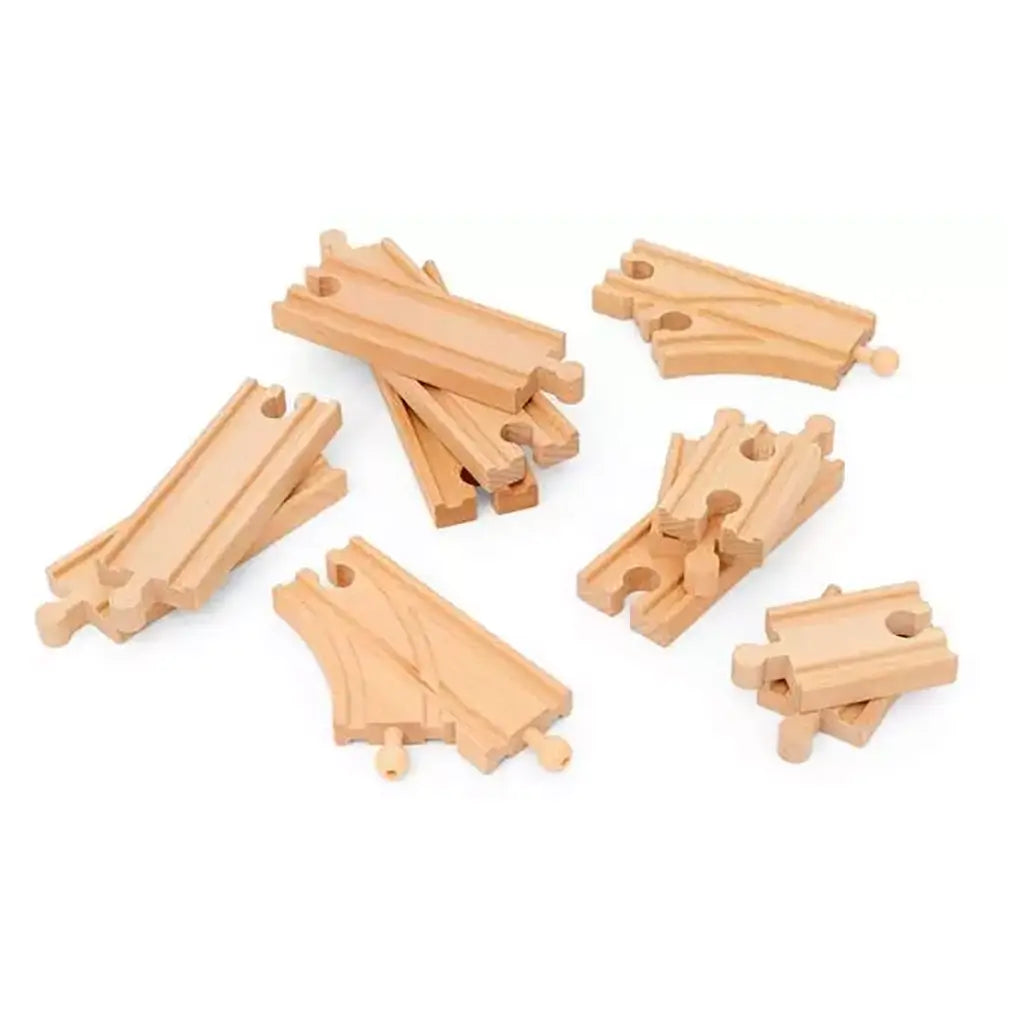 Set of BRIO wooden track pieces laid out, including straight, curved, and switch connectors made from smooth natural wood with puzzle-like ends for expansion.