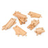 Set of BRIO wooden track pieces laid out, including straight, curved, and switch connectors made from smooth natural wood with puzzle-like ends for expansion.