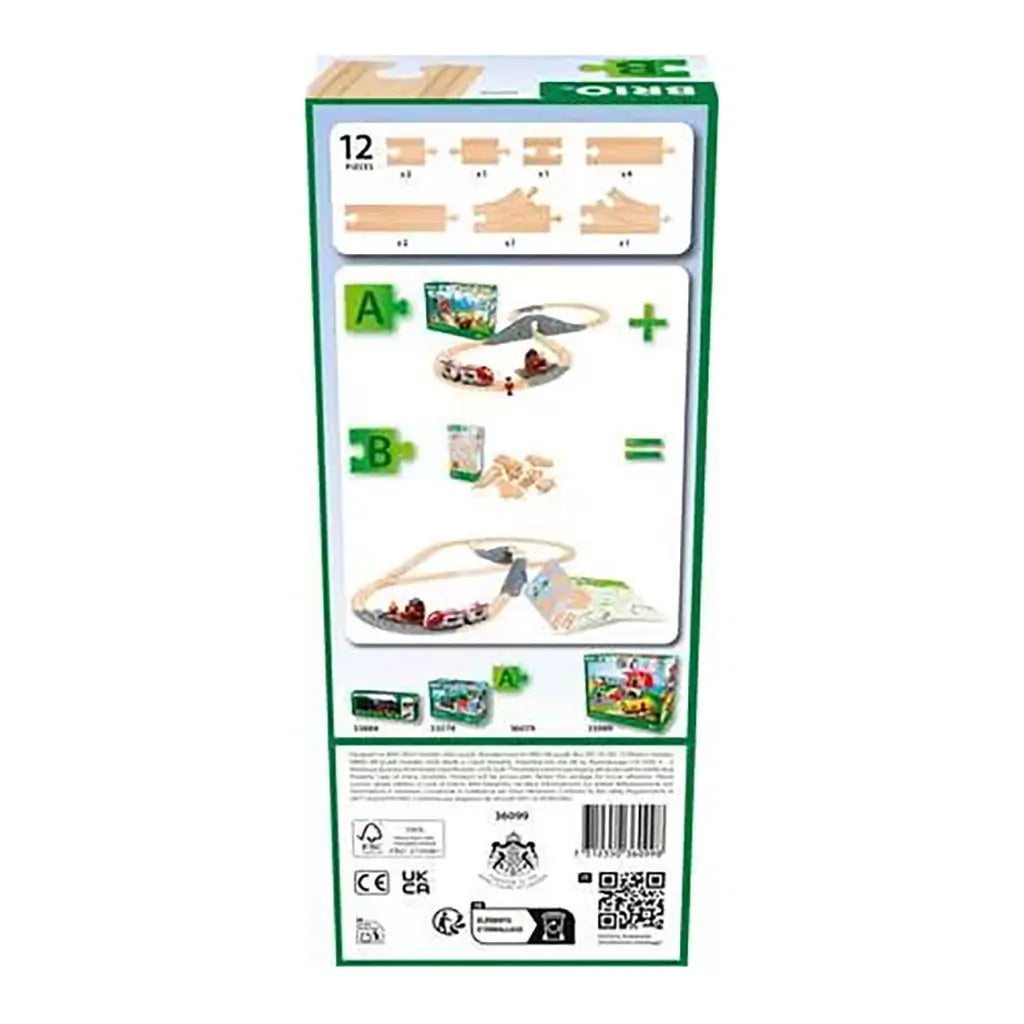 Back of BRIO Starter Track Pack box showing track piece count, assembly diagram, and compatibility with Starter Travel Train Set, with barcode at bottom.