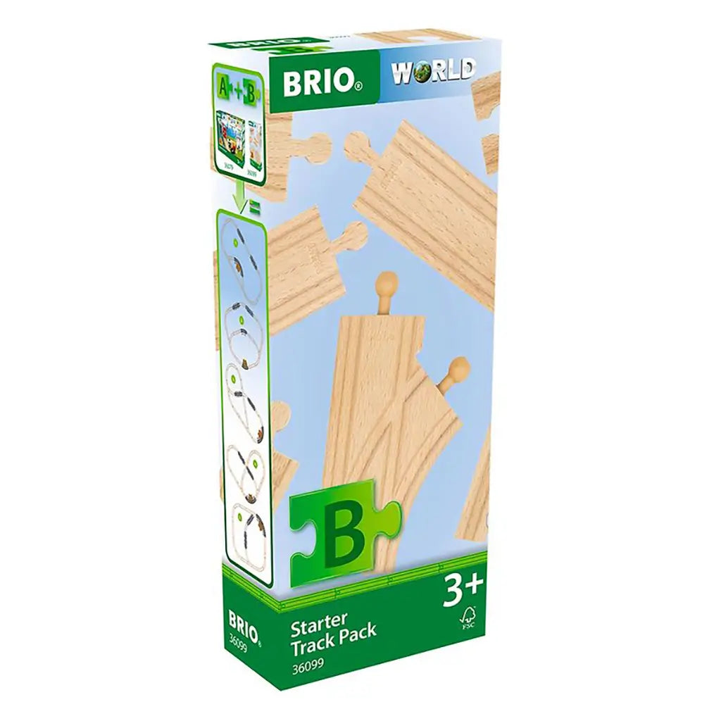 BRIO World Starter Track Pack box with green base, age 3+ label, and illustrated wooden train track pieces shown on light blue background with puzzle piece logo.