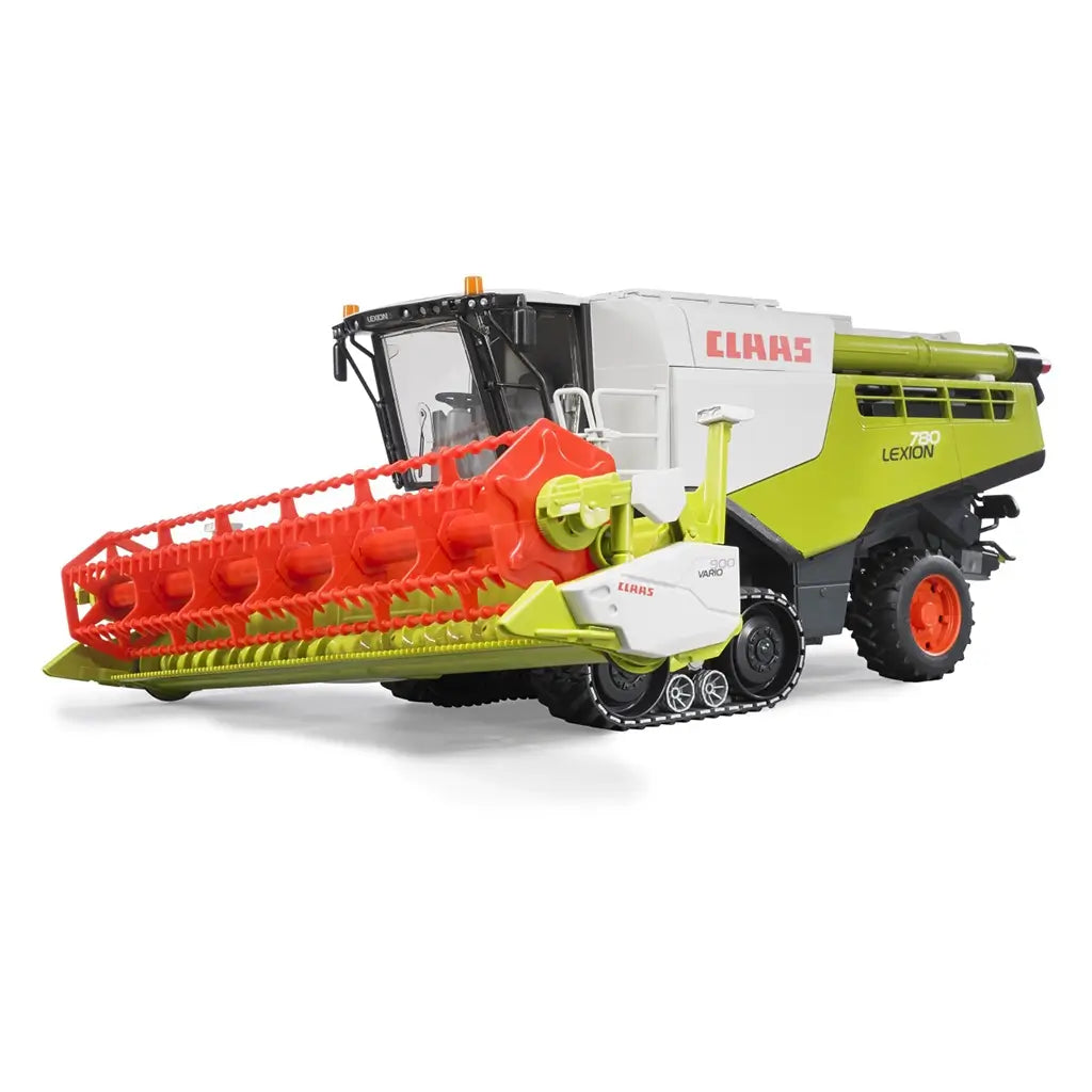 Front angled view of the Bruder Claas Lexion 780 Combine Harvester 1:16 scale vehicle with detailed header and rotating cutting mechanism.