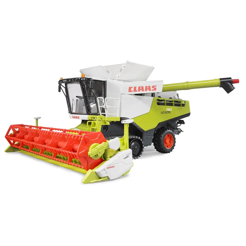 Detailed Bruder Claas Lexion 780 Combine Harvester toy in 1:16 scale, showcasing its realistic Claas design and bright red harvesting header.