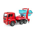 Bruder MAN TGA skip container truck toy in red plastic with turquoise and silver details, featuring a raised blue skip bin, hydraulic lift arms, and support leg on a white background.