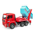 Bruder MAN TGA skip container truck toy in red plastic with turquoise and silver details, featuring a tilted blue skip bin, extended lift arms, chains, and support leg on a white background.
