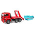 Bruder MAN TGA skip container truck toy in red plastic with turquoise, silver, and black details, shown beside a detached blue skip bin with hanging lift chains on a white background.