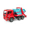 Bruder MAN TGA skip container truck toy in red plastic with turquoise, silver, and black details, featuring a chain-lift frame and mounted blue skip bin on a white background.