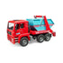 Bruder MAN TGA skip container truck toy in red plastic with turquoise, silver, and black details, featuring a chain-lift frame and mounted blue skip bin on a white background.