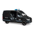 Bruder Mercedes-Benz Sprinter police van toy in black plastic with gray and blue details, featuring an open sliding door and seated police figure on a white background.
