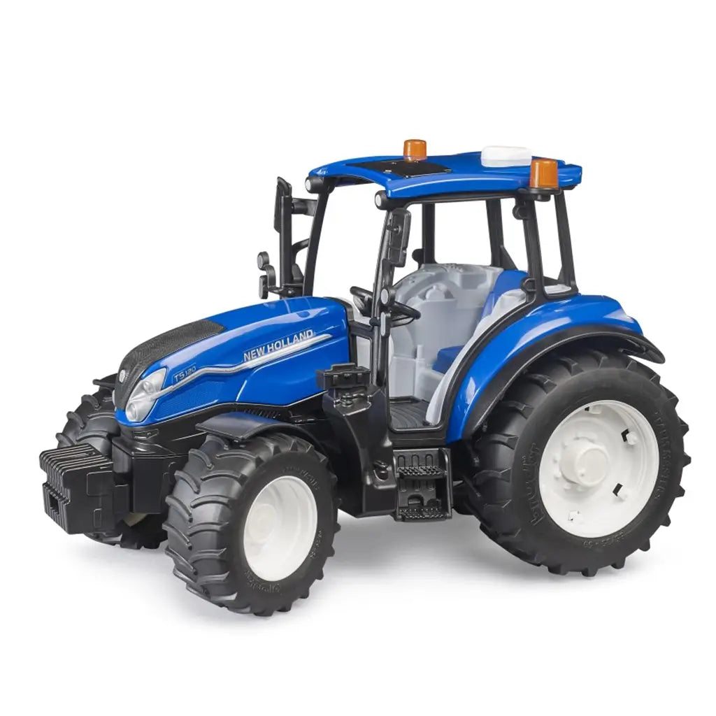 Side view of Bruder New Holland T5 120 scale model tractor in bright blue with durable black frame, wide rubber tires, and a detailed interior visible through the cabin windows.