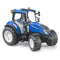 Bruder New Holland T5 120 1:16 scale toy tractor in glossy blue with detailed black chassis, large treaded tires, white rims, and a realistic cabin for farm play or model display.