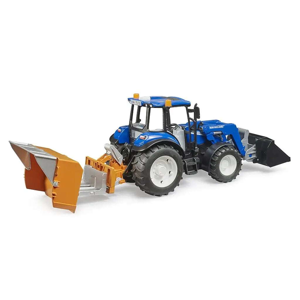 Blue plastic New Holland T5.120 toy tractor with orange front attachment and black rear loader, featuring detailed tires and cab design, displayed on a white background for farm model enthusiasts.