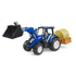Detailed New Holland T5.120 1:16 scale blue toy tractor with black bucket loader and orange rear box holding a rolled hay bale, shown on a white background to highlight farming equipment realism.