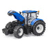 Bruder New Holland T7.340 1:16 scale tractor with open hood revealing detailed engine design, adding to the model’s realistic functionality.