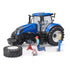 Bruder New Holland T7.340 1:16 scale toy tractor with removable front wheel shown being detached by hand, illustrating interactive features.