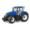 Realistic Bruder New Holland T7.340 1:16 scale toy tractor featuring detailed cabin interior, rugged tires, and functional steering.