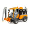 BRUDER VarioCar irrigation vehicle features orange and black plastic construction, four rugged tires, a rear water tank, cab, hoses, and articulated gray sprinkler arm.