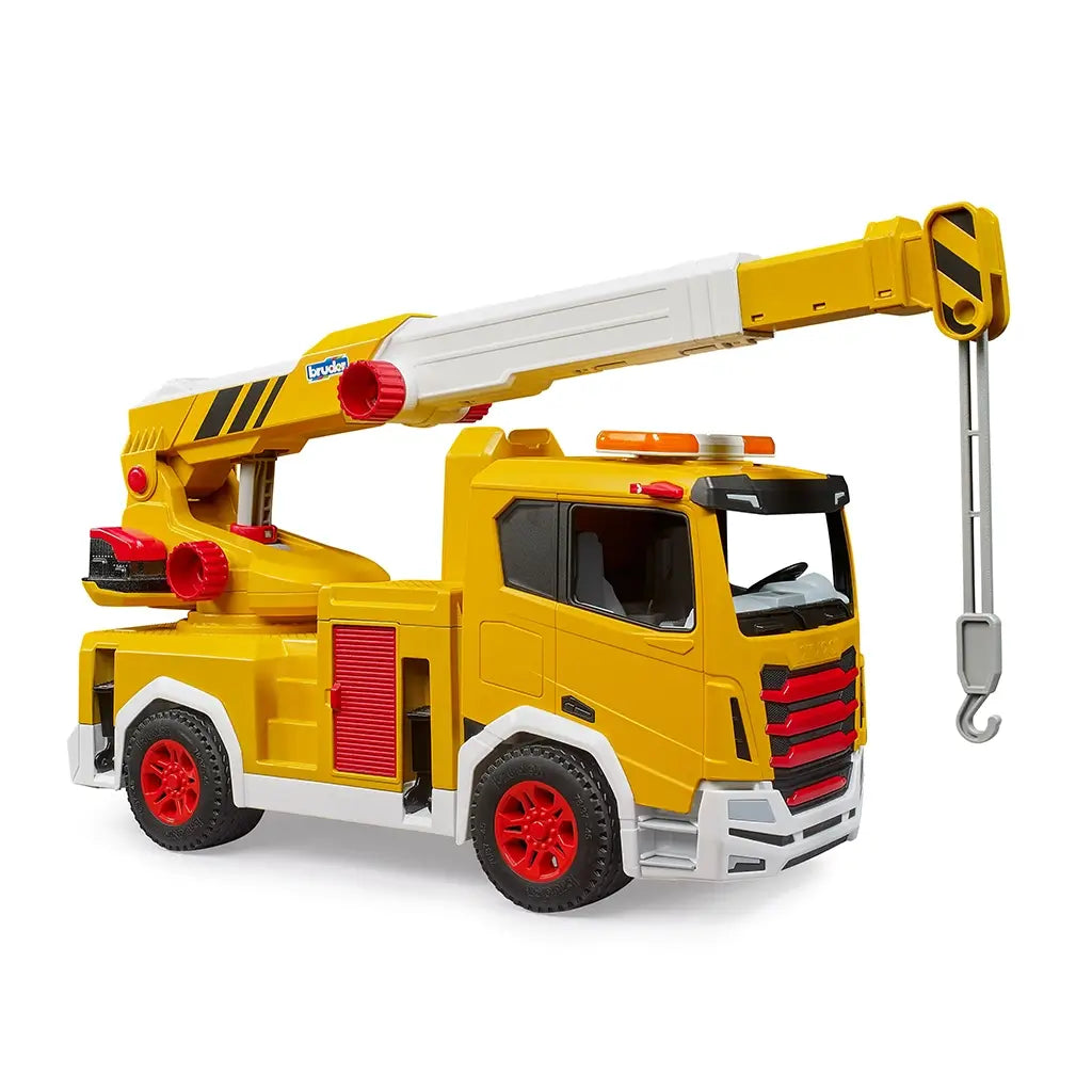Bruder Roadmax crane truck toy in yellow plastic with red, black, and white details, featuring an extended boom and hanging hook, shown from a front angle on a white background.