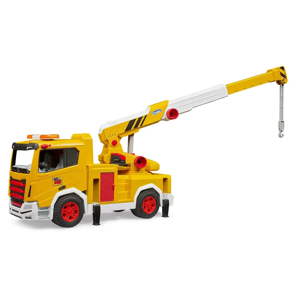 Bruder Roadmax crane truck toy in yellow plastic with red and white details, featuring a raised telescoping boom, hanging hook, and stabilizer legs on a white background.