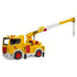 Bruder Roadmax crane truck toy in yellow plastic with red and white details, featuring a raised telescoping boom, hanging hook, and stabilizer legs on a white background.