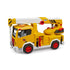 Bruder Roadmax crane truck toy in yellow plastic with red, black, and white details, featuring a lowered boom, hanging hook, and open side compartment on a white background.