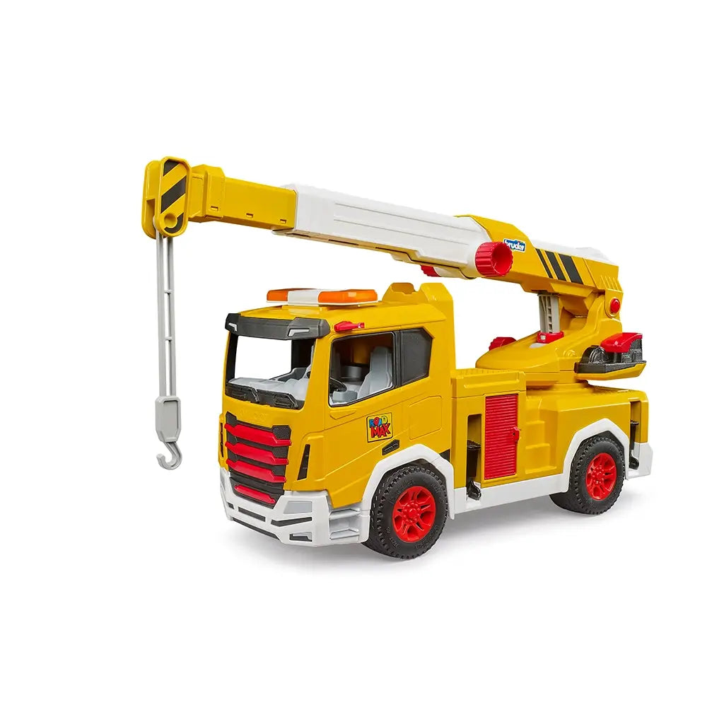Bruder Roadmax crane truck toy in yellow plastic with red, black, and white details, featuring an extended boom and hanging hook, shown at an angle on a white background.
