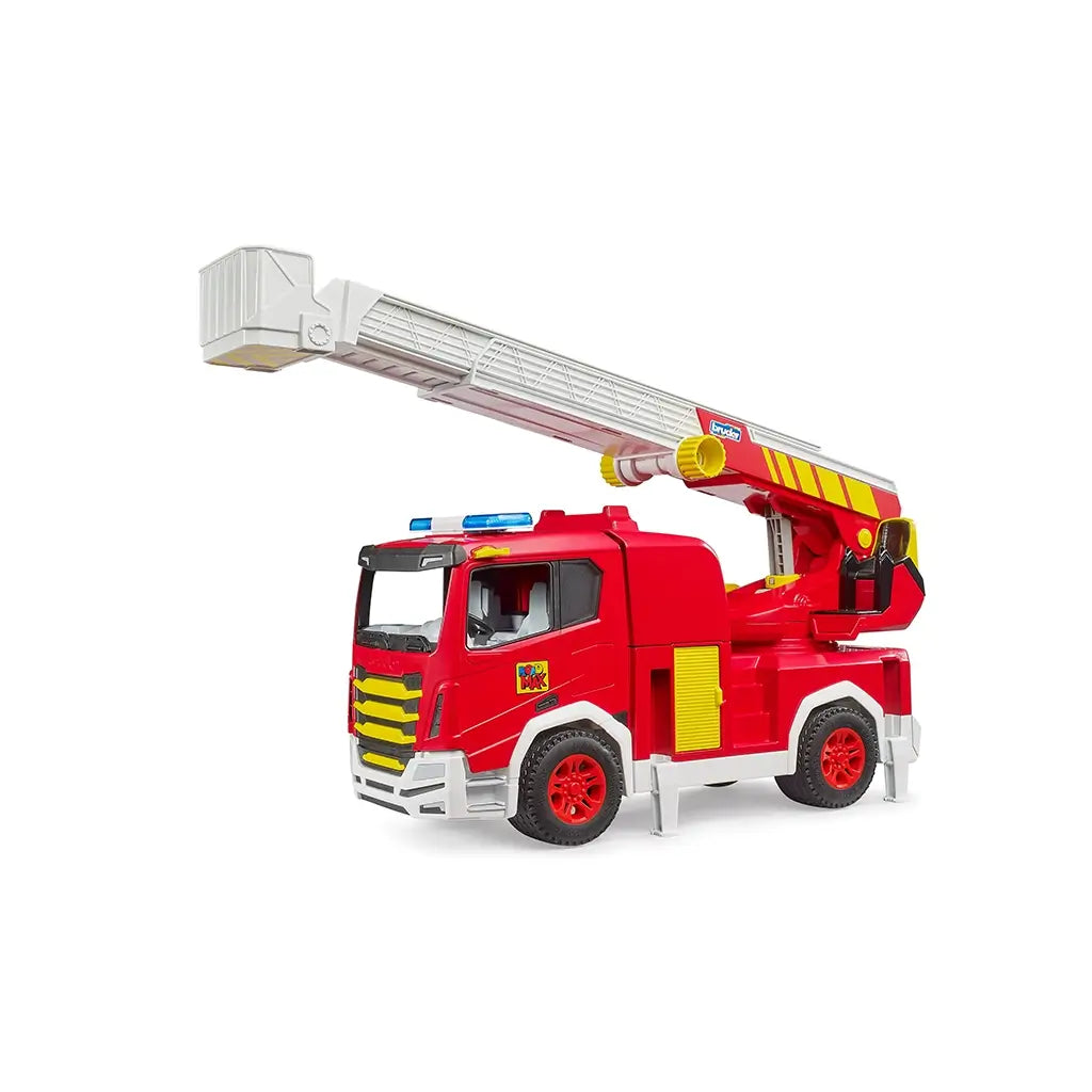 Bruder Roadmax fire truck toy in red plastic with white, yellow, and blue details, featuring an extended aerial ladder, rescue basket, and support legs on a white background.