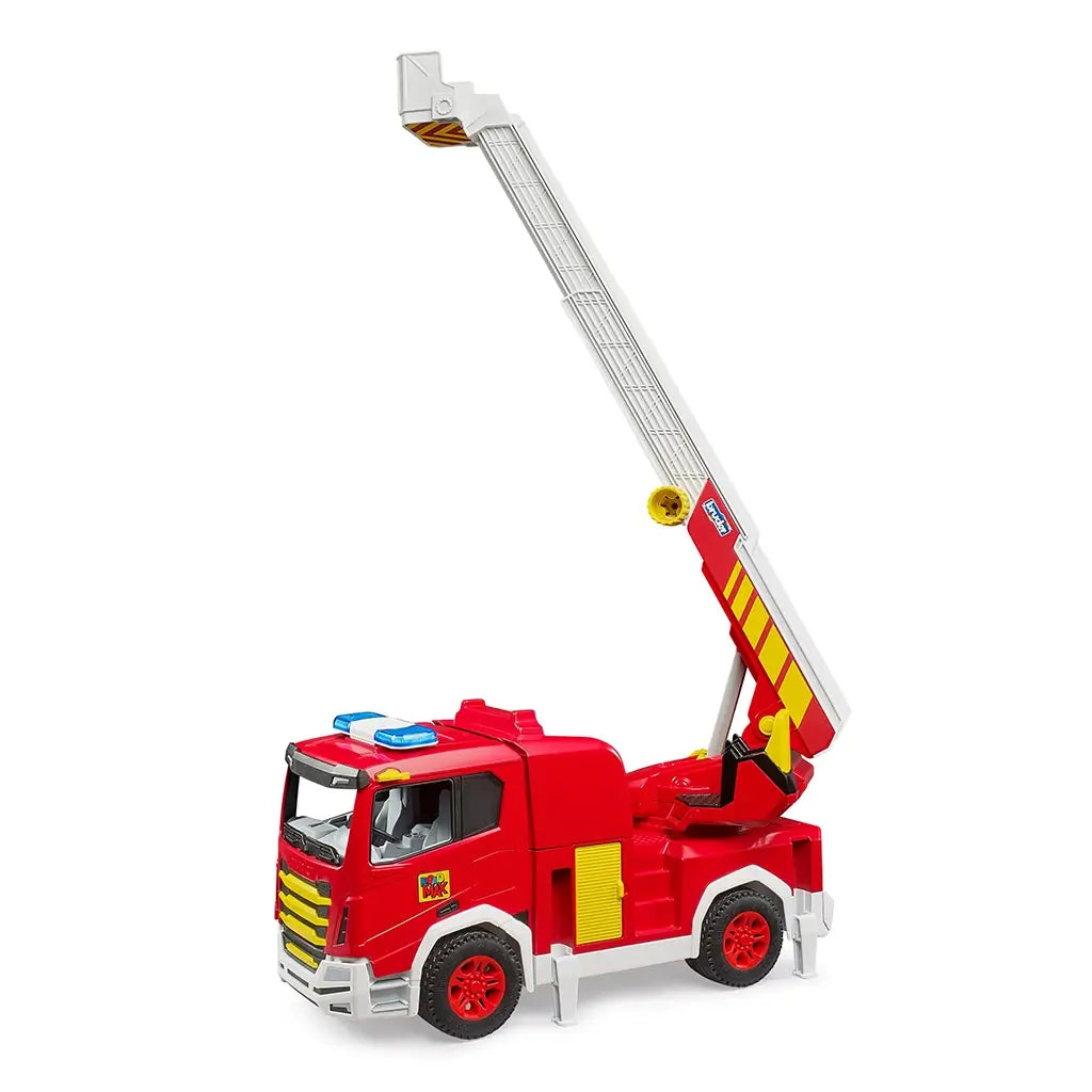 Bruder Roadmax fire truck toy in red plastic with white, yellow, and blue details, featuring a fully raised telescoping ladder, rescue basket, and support legs on a white background.
