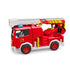 Bruder Roadmax fire truck toy in red plastic with white and yellow details, featuring a folded aerial ladder, rescue basket, and open side compartment on a white background.