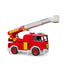 Bruder Roadmax fire truck toy in red plastic with white, yellow, and blue details, featuring a raised aerial ladder, rescue basket, and stabilizer legs on a white background.