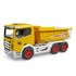 Toy dump truck Bruder Roadmax appears in bright yellow plastic with a bold side decal, deep ridged cargo bed and red six-wheel chassis, photographed in a crisp side angle against a plain white background.