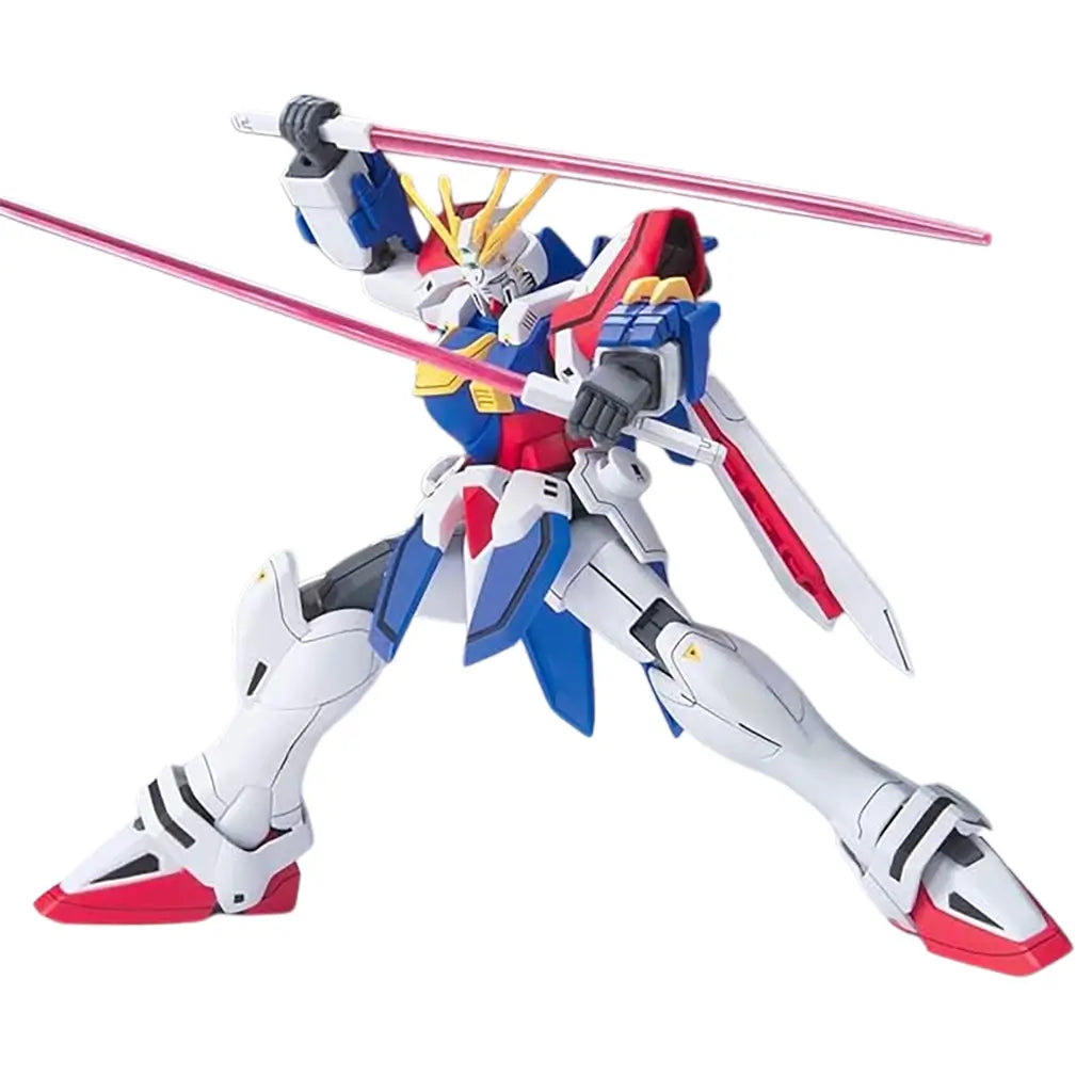 Burning Gundam HG 1/144 scale model in glossy white and blue plastic with red feet and yellow chest vents, humanoid mobile suit wielding dual pink beam sabers in an action pose on a white background.