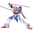 Burning Gundam HG 1/144 scale model in glossy white and blue plastic with red feet and yellow chest vents, humanoid mobile suit wielding dual pink beam sabers in an action pose on a white background.