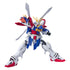 Burning Gundam GF13-017NJII HG model in white, blue, red, and yellow plastic with extended backpack fins and translucent effect part, articulated mecha posed mid-attack on a plain white studio background.