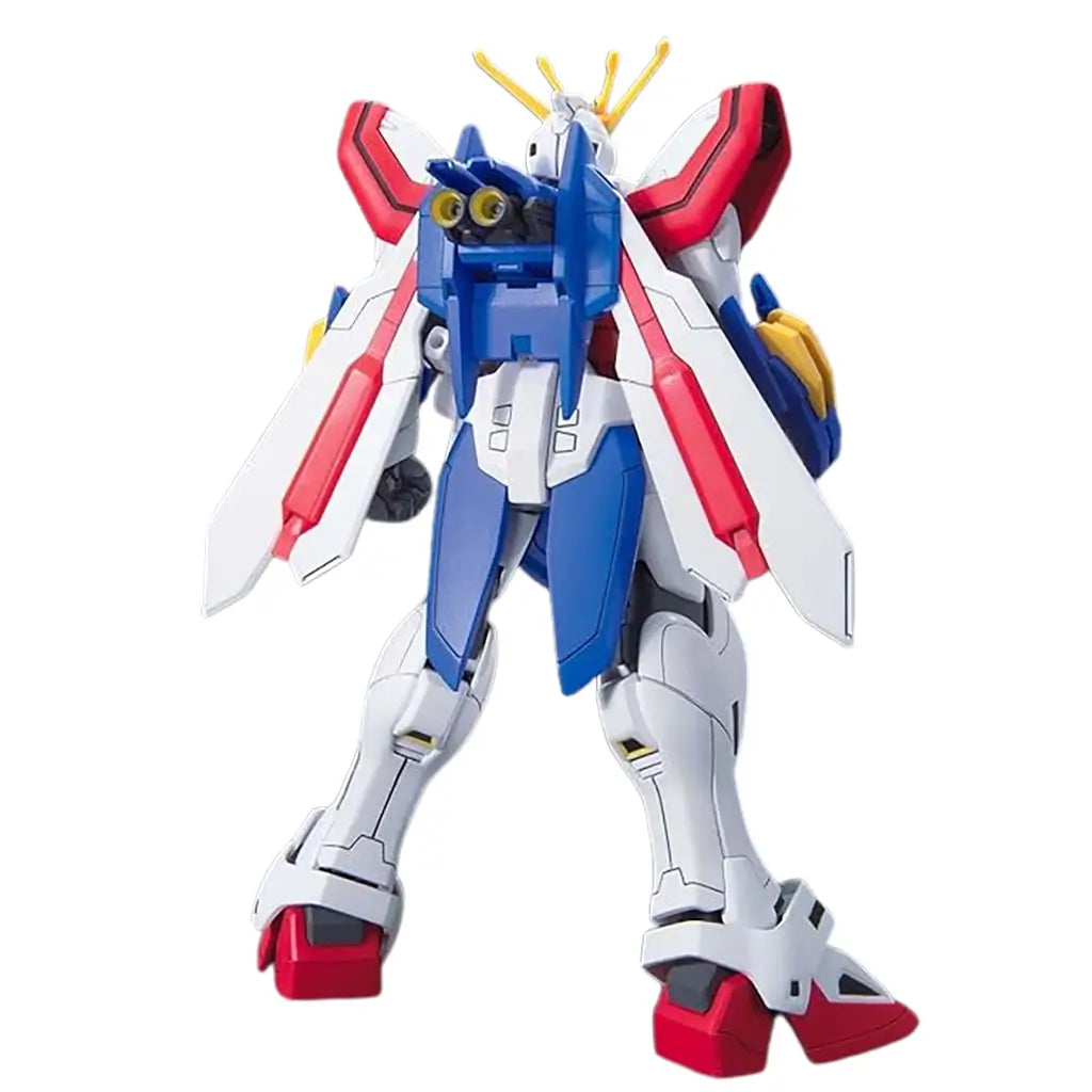 Burning Gundam GF13-017NJII HG 1/144 scale model in white, blue, and red molded plastic with rear thrusters and wing-like backpack units, articulated humanoid mobile suit shown from the back on a clean white background.