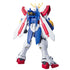 Burning Gundam GF13-017NJII HG 1/144 scale model in white, blue, and red molded plastic with rear thrusters and wing-like backpack units, articulated humanoid mobile suit shown from the back on a clean white background.