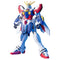 Burning Gundam GF13-017NJII HG 1/144 scale model in white, blue, red, and yellow plastic armor with angular humanoid mecha form, detailed chest vents and V-fin head crest, displayed standing against a plain white background.