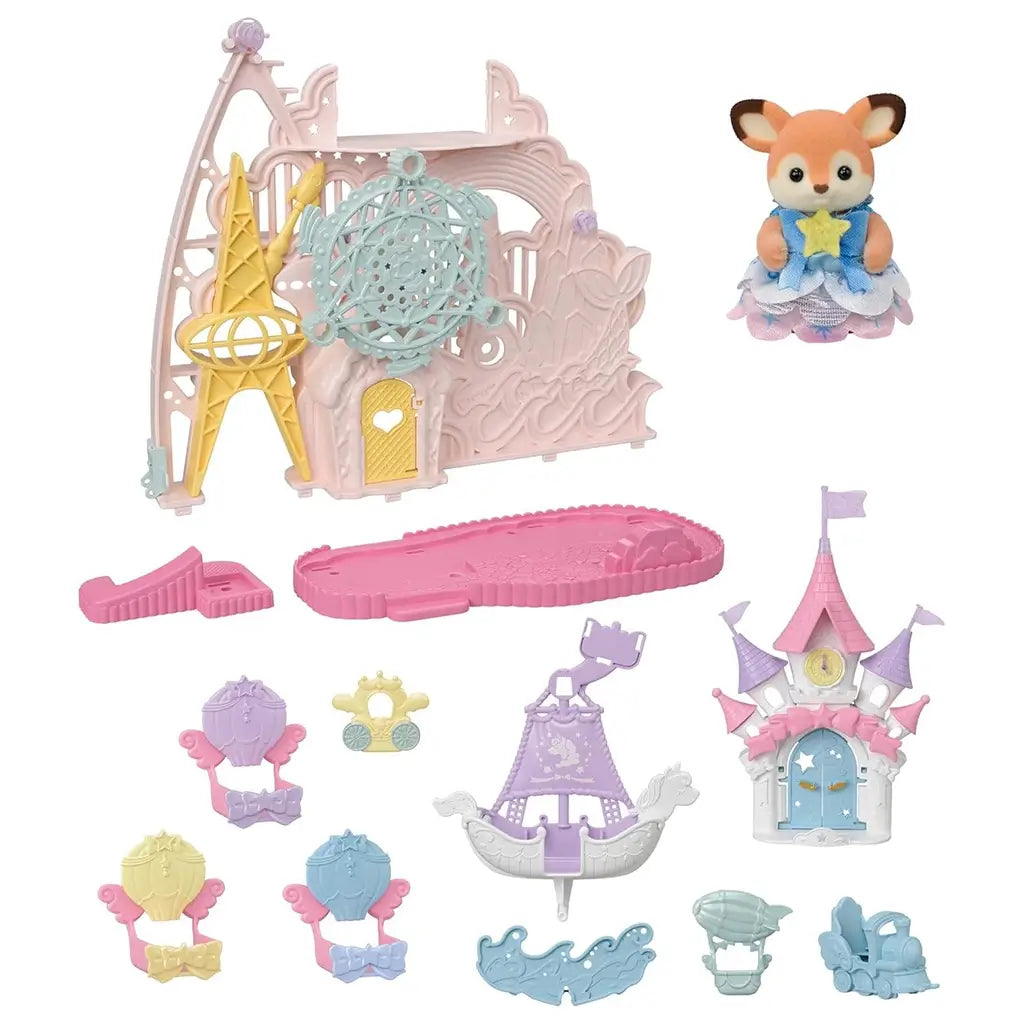 Calico Critters Baby Dream Amusement Park accessories display pastel castle panels, Ferris wheel parts, swan boat, balloon rides, base platform, and bow decorations organized on white backdrop.