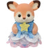 Calico Critters baby deer figure features soft tan flocked texture with cream face, large brown eyes, and blue satin dress with yellow star and layered pastel skirt on white background.