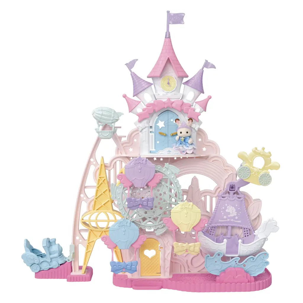 Calico Critters Baby Dream Amusement Park playset features pastel pink and lavender plastic castle with clock tower, Ferris wheel ride, balloon gondolas, bows, and decorative details on white background.