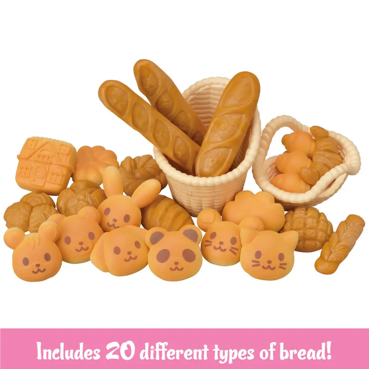 Calico Critters bread variety set with golden brown plastic baguettes, croissants, rolls, and animal-face buns arranged in woven baskets on white background.