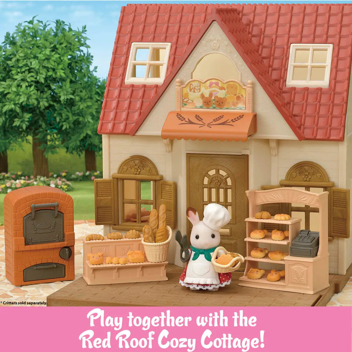 Calico Critters bakery shop cottage with cream walls and red roof, textured plastic façade, arched windows, brick oven, display shelves, and bunny baker figure in outdoor garden backdrop.