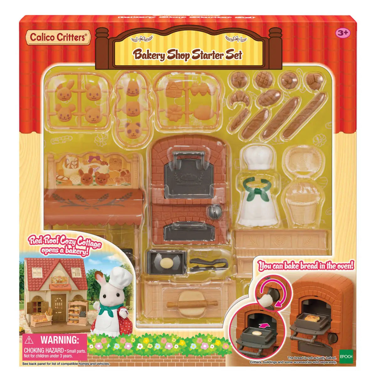 Calico Critters Bakery Shop Starter Set retail packaging in red and yellow box with clear plastic window showing brick oven, bread pieces, shelves, baker outfit, and accessories inside.
