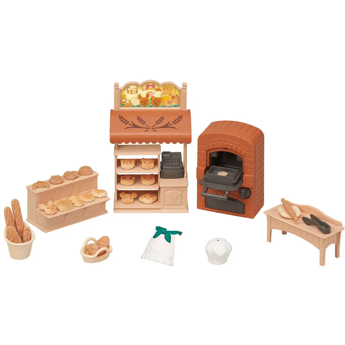 Calico Critters bakery shop starter set accessories including brick oven, cream display rack, prep table with rolling pin, baskets, cash register, and assorted bread pieces on white background.