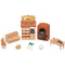 Calico Critters bakery shop starter set accessories including brick oven, cream display rack, prep table with rolling pin, baskets, cash register, and assorted bread pieces on white background.