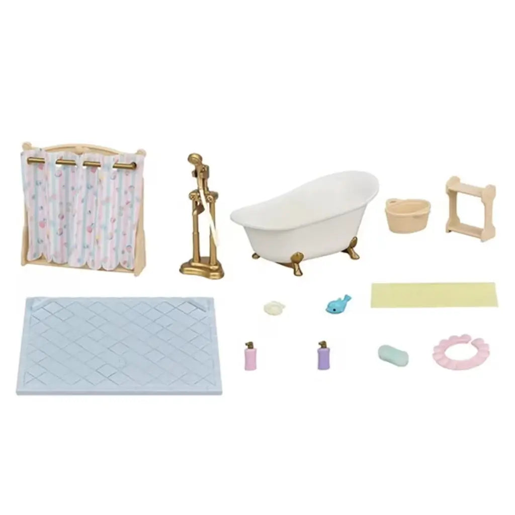 Calico Critters Bath & Shower Set contents include white clawfoot tub, gold faucet, pastel shower curtain, soap rack, toy fish, towel, soap bottles, and other miniature accessories.