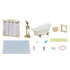 Calico Critters Bath & Shower Set contents include white clawfoot tub, gold faucet, pastel shower curtain, soap rack, toy fish, towel, soap bottles, and other miniature accessories.