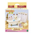 Calico Critters Bath & Shower Set toy package shows white rabbit figurines in a white clawfoot tub with gold legs, blue fish toy, pastel shower curtain, and miniature accessories.