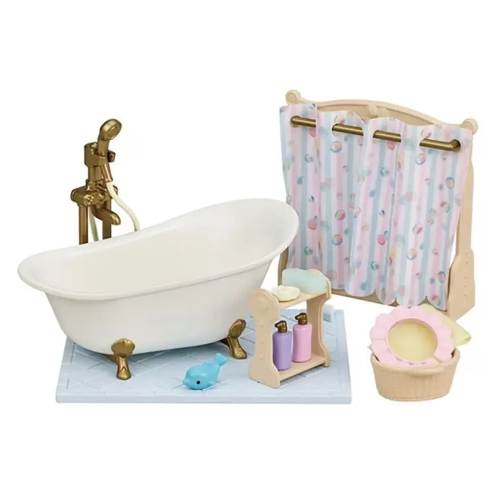 Calico Critters Bath & Shower Set assembled with white clawfoot tub, gold shower faucet, striped pastel shower curtain, miniature soaps, bottles, and toy fish on tiled floor piece.