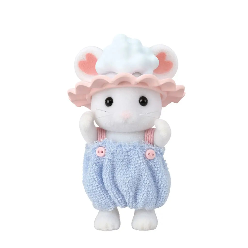 Calico Critters Marshmallow Mouse sister doll dressed in blue romper with pink straps, wearing pink scalloped bath cap with bubble accessory for pretend bath time play.